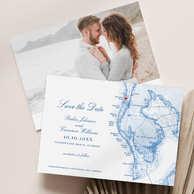 Reserva La Fecha Clearwater Beach FL Map Elegante Boda Azul de la M (Clearwater Beach FL Map Wedding Save the Date in Elegant Navy Blue from Coastal Map Designs)