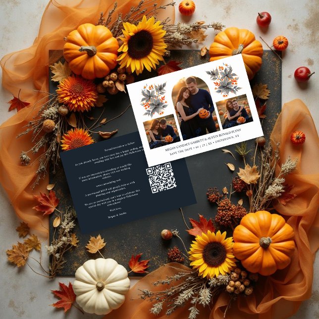 Reserva La Fecha Climbing Arch Grey Orange Bouquets 3-Photo Collage (Climbing Arch Grey Orange Bouquets 3-Photo Collage Wedding Save the Date Cards with QR Code.)