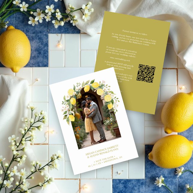 Reserva La Fecha Climbing Lemon and Flowers Arch Photo Wedding (Climbing Mediterranean Lemon and Floral Arch Wedding Save the Date Cards with Photo and QR Code. )