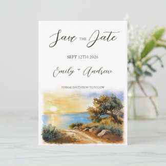 Reserva La Fecha Coast Watercolor Sunset Mediterranean Half Wedding