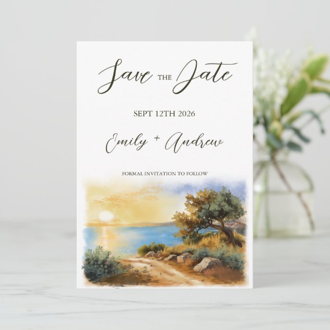 Reserva La Fecha Coast Watercolor Sunset Mediterranean Half Wedding (Anverso de pie)