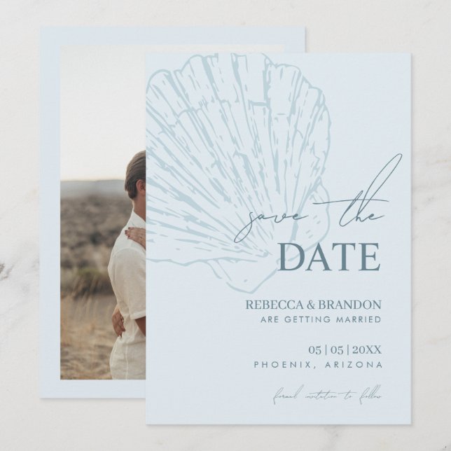 Reserva La Fecha Coastal Blue Shell Hand Drawn Seashell Wedding (Anverso / Reverso)