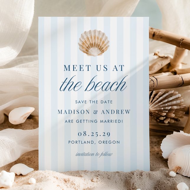 Reserva La Fecha Coastal Blue Stripes Shell Beach Wedding (Subido por el creador)