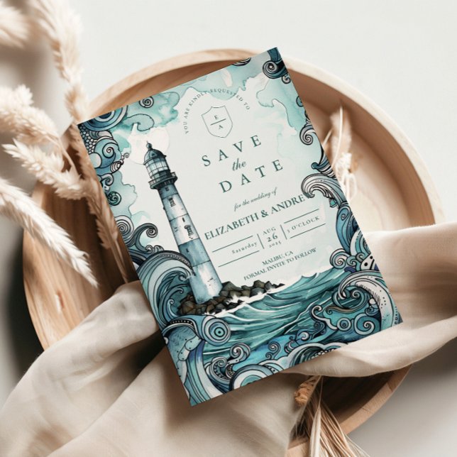 Reserva La Fecha Coastal Lighthouse Wave Wedding (Subido por el creador)