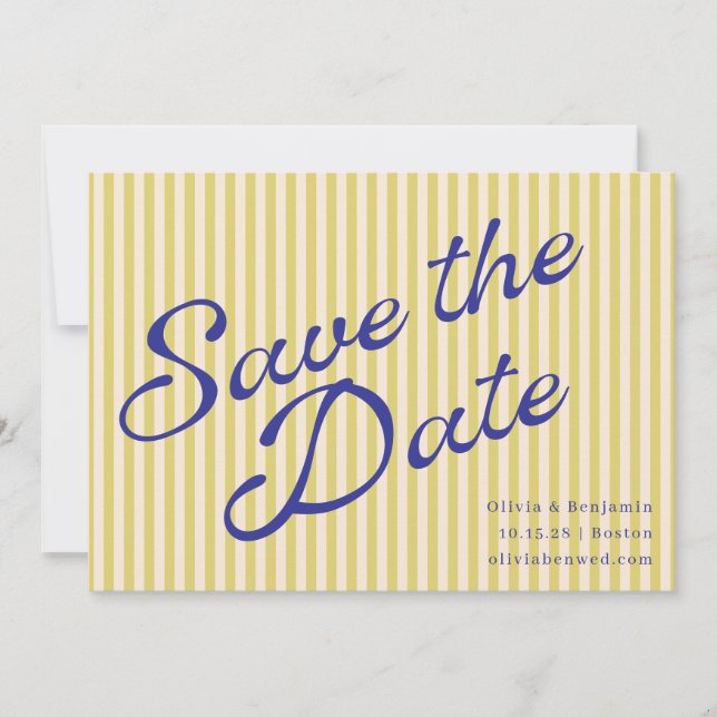 Reserva La Fecha Coastal Yellow Blue Retro Stripe Wedding Script (Anverso)