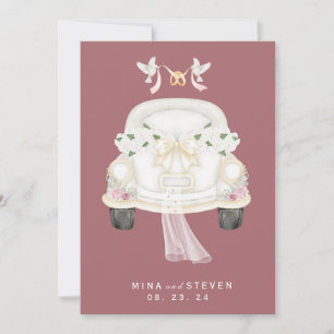 Reserva La Fecha coche de boda rosa floral