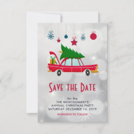 Reserva La Fecha Coche rojo retro que lleva un árbol de Navidad