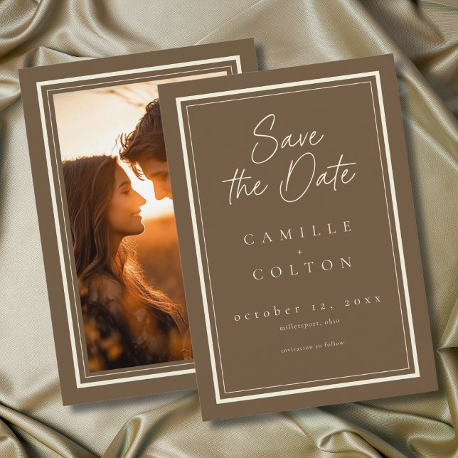 Reserva La Fecha Cocoa Brown Minimalist Frame Wedding Photo (Cocoa Brown Minimalist Frame Wedding Photo Save The Date)