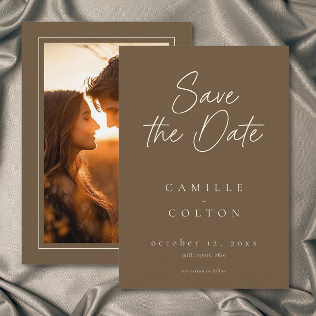 Reserva La Fecha Cocoa Brown Minimalist Wedding Photo (Cocoa Brown Minimalist Wedding Photo Save The Date)