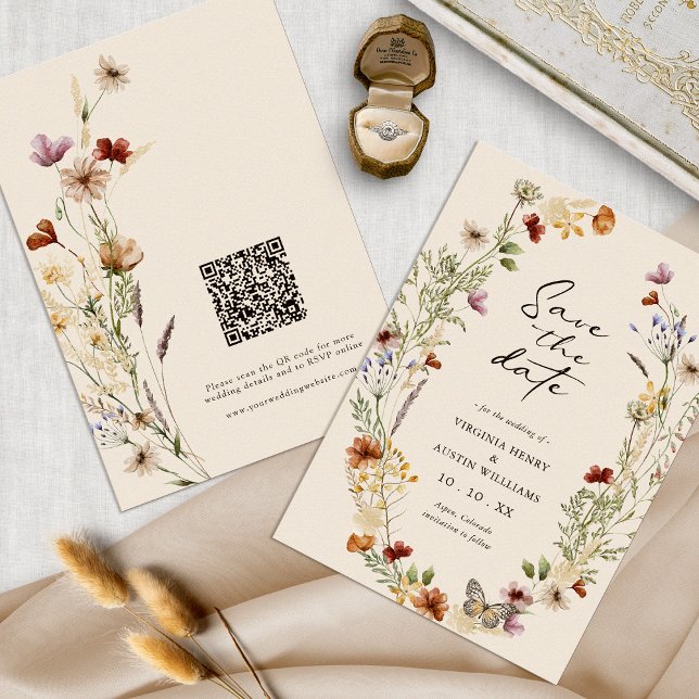Reserva La Fecha Código QR Boho para Guardar la Fecha (Tan Wildflower Boho Floral QR Code Save The Date by Painted Paperie
)