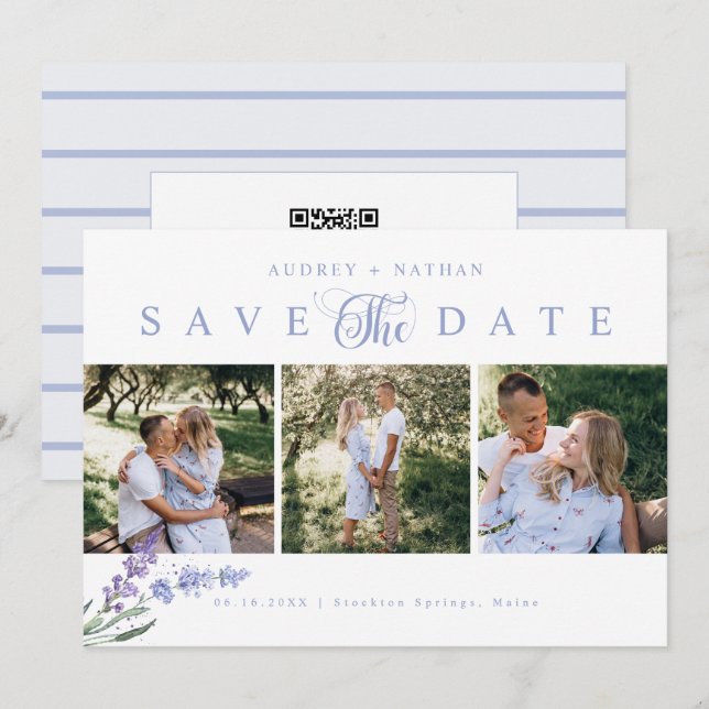 Reserva La Fecha Código QR de 3 fotos de flores de lavanda elegante (Anverso / Reverso)