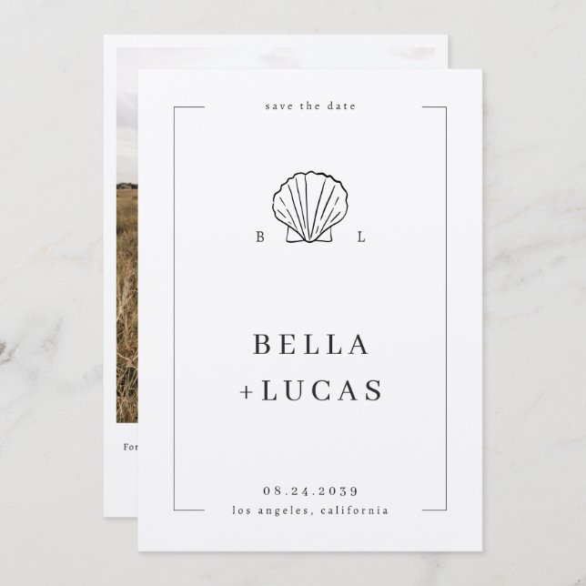 Reserva La Fecha Código QR de boda con monograma de concha costera  (Anverso / Reverso)