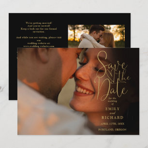 Reserva La Fecha Código QR de boda de 2 fotos en negro y dorado mod