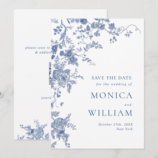 Reserva La Fecha código QR de boda de jardín francés azul victorian (Anverso / Reverso)