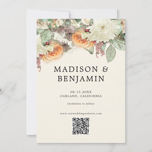 Reserva La Fecha Código QR de boda de rosa eucalipto floral suave P (Anverso)