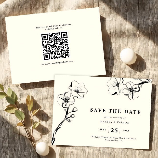 Reserva La Fecha Código QR de Boda floral de marfil con mano minima (Subido por el creador)
