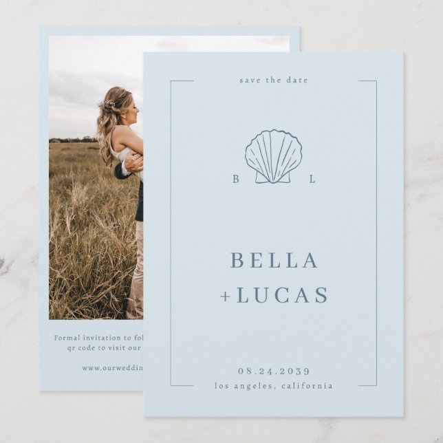 Reserva La Fecha Código QR de Boda Monograma de Concha Costera Náut (Anverso / Reverso)