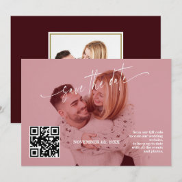 Reserva La Fecha Código QR de Caligrafía Foto Boda Burgundy Profund
