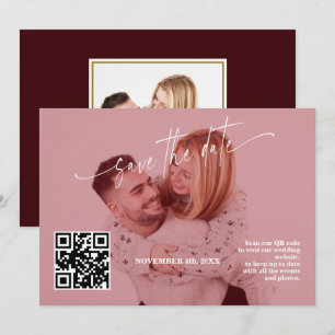 Reserva La Fecha Código QR de Caligrafía Foto Boda Burgundy Profund
