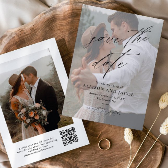 Reserva La Fecha Código QR de escritura elegante para foto de boda (Elegant handwritten script 2 photo wedding QR code save the date cards.)