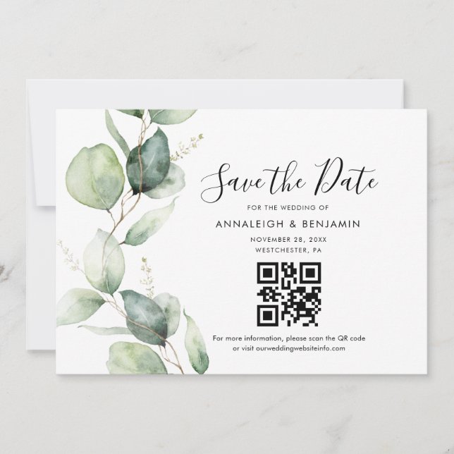 Reserva La Fecha Código QR de Eucalipto Elegante para Boda Save The (Anverso)