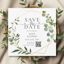 Código QR de fecha de boda con guión de eucalipto