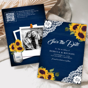 Reserva La Fecha Código QR de Foto Bodas Azul Marino Girasol