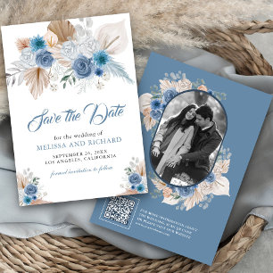 Reserva La Fecha Código QR de Foto Boho Floral Azul Polvoriento Pam