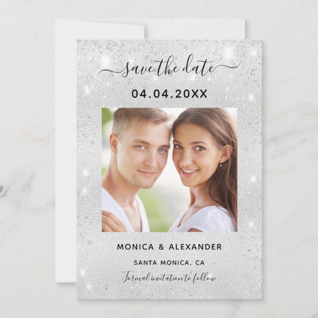 Reserva La Fecha Código qr de foto con purpurina de plata para boda (Anverso)