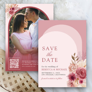 Reserva La Fecha Código QR de Foto de Arco de Pampas Floral Rosa Gr