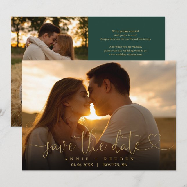 Reserva La Fecha Código QR de foto de boda con guión esmeralda y do (Anverso / Reverso)