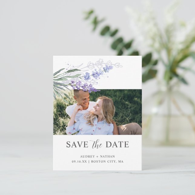 Reserva La Fecha Código QR de foto de boda de lavanda en acuarela e (Anverso de pie)
