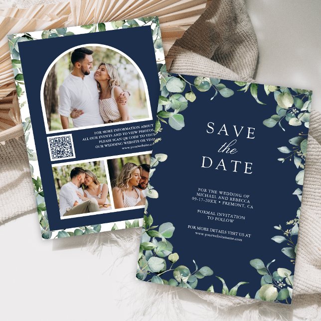 Reserva La Fecha Código QR de Foto de Eucalipto Boda Azul Marino (Subido por el creador)