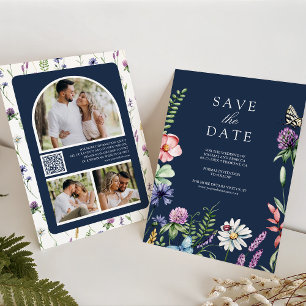Reserva La Fecha Código QR de Foto de Flor Silvestre Boda Azul Mari