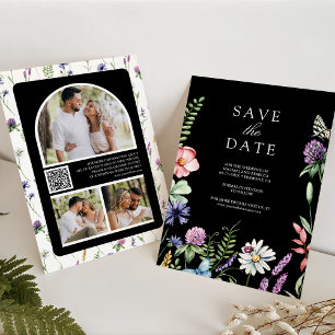 Reserva La Fecha Código QR de Foto de Flor Silvestre Boda Negra