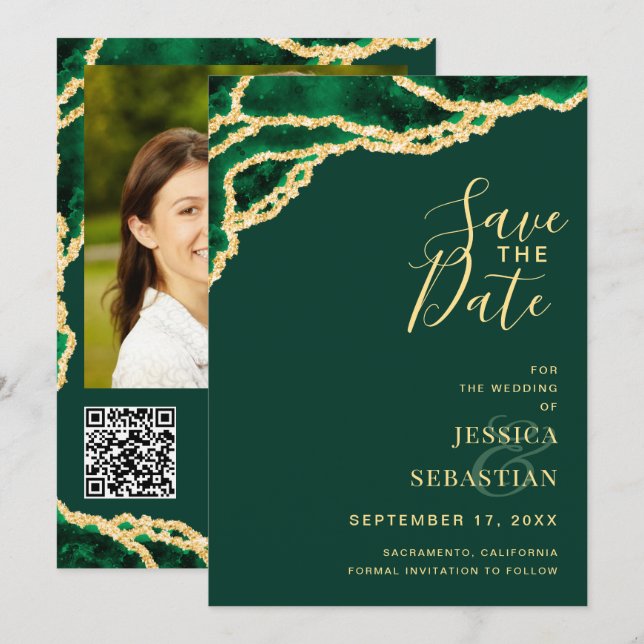 Reserva La Fecha Código QR de foto personalizado Ágata Verde Esmera (Anverso / Reverso)