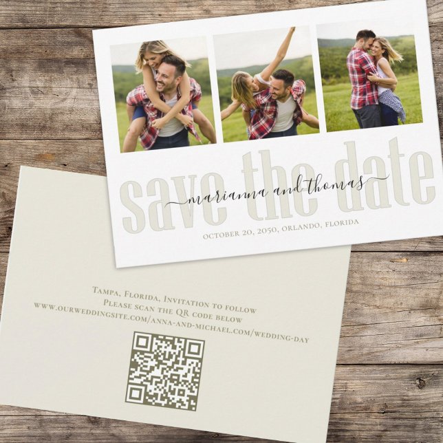 Reserva La Fecha Código QR de la fotografía con estilo de la escrit (Simple wedding save the date photo card with three photo template and QR Code )