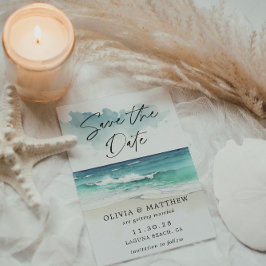 Reserva La Fecha Código QR de la playa del océano con letra script 