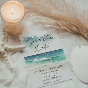 Reserva La Fecha Código QR de la playa del océano con letra script