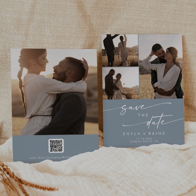 Reserva La Fecha Código QR de Moda Boho Dusty Blue Multi Photo (Subido por el creador)