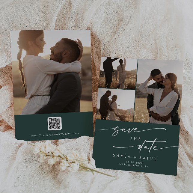 Reserva La Fecha Código QR de Moda Boho verde esmeralda multifoto (Subido por el creador)