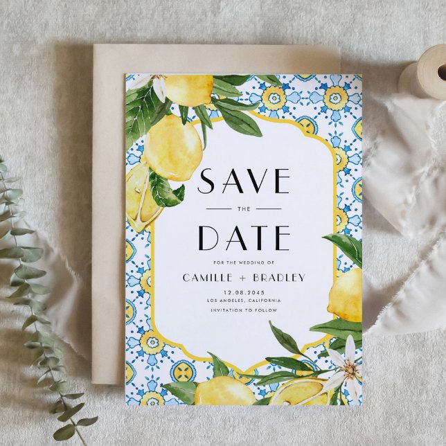 Reserva La Fecha Código QR de patrón de limón y mosaico marroquí (Watercolor Lemon and Moroccan Tile Pattern QR Code Save The Date Announcement Card)