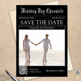 Reserva La Fecha Código QR de periódico vintage para boda, aviso de