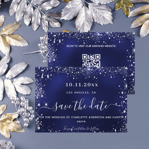 Reserva La Fecha código QR del purpurina boda azul marino plateado