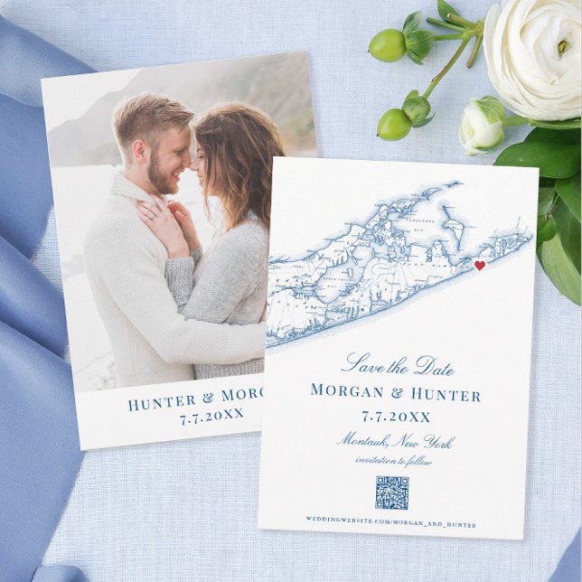 Reserva La Fecha Código QR elegante de Hamptons Montauk Boda (Montauk Save the Dates in navy blue with QR code perfect for your Hamptons destination wedding.)