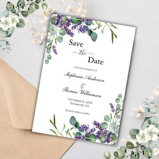 Reserva La Fecha Código QR elegante moderno de lavanda y eucalipto  (Boho Elegant Lavender Eucalyptus Formal Wedding Save the Date Card)