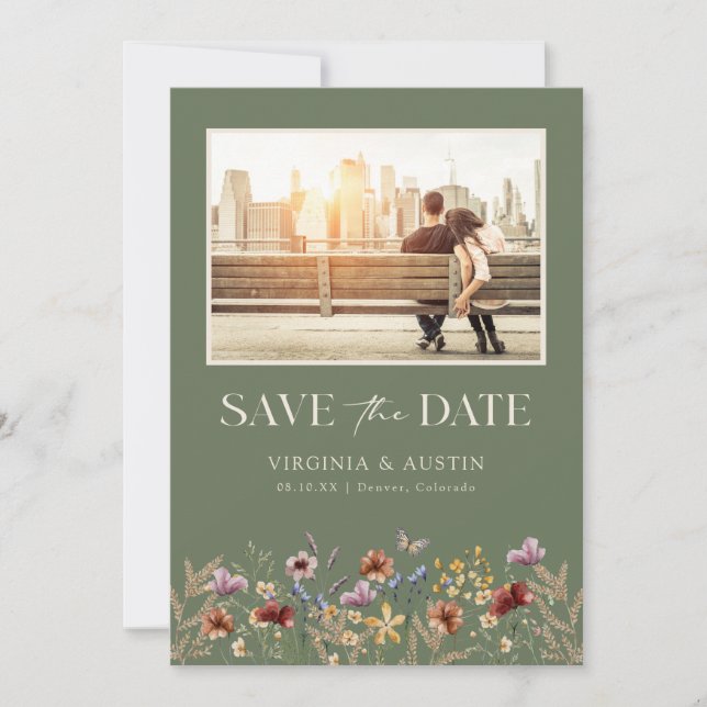 Reserva La Fecha Código QR Floral de Foto Verde Guardar la Fecha (Anverso)