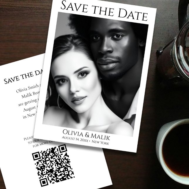 Reserva La Fecha Código QR Foto Guardar la Fecha (Modern Black & White Photo QR Code Save the Date - front and back)