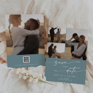 Reserva La Fecha Código QR multifoto Verde azulado de Moda Boho