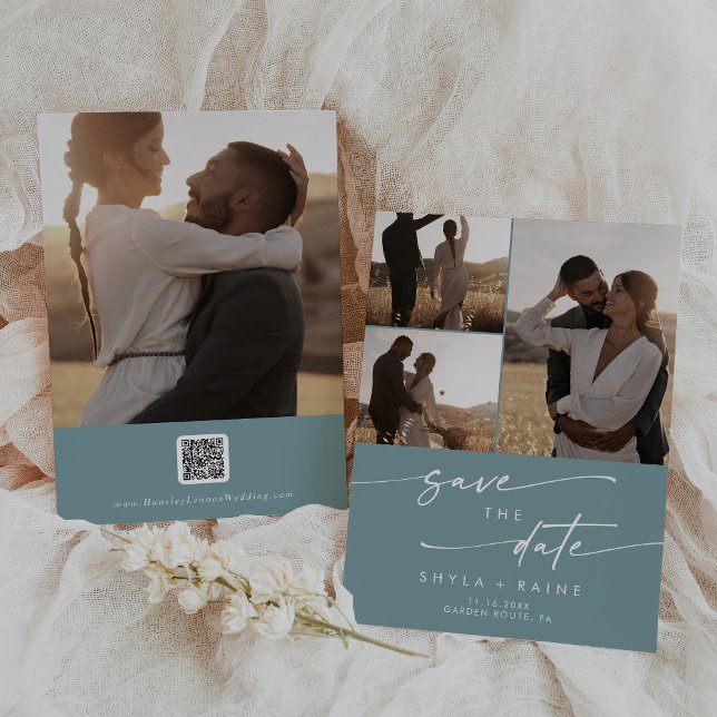 Reserva La Fecha Código QR multifoto Verde azulado de Moda Boho (Subido por el creador)